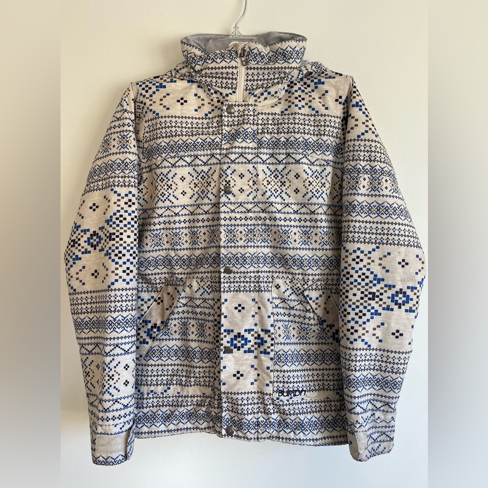 Burton. Cream Blue Pattern Ski Snowboard Coat Jacket. Size women’s S.